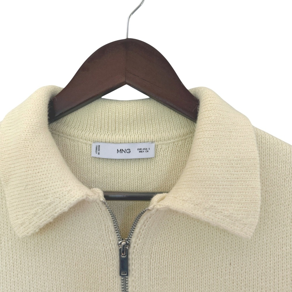 Mango MNG Cream Zip Up Belted Cardigan Sweater Collared Ribbed Knit Womens Small - Picture 6 of 8